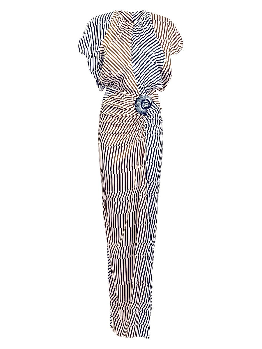 Women's Kala Striped Stretch-Silk High-Slit Maxi Dress - Navy Brown Multi Stripe - Size Small