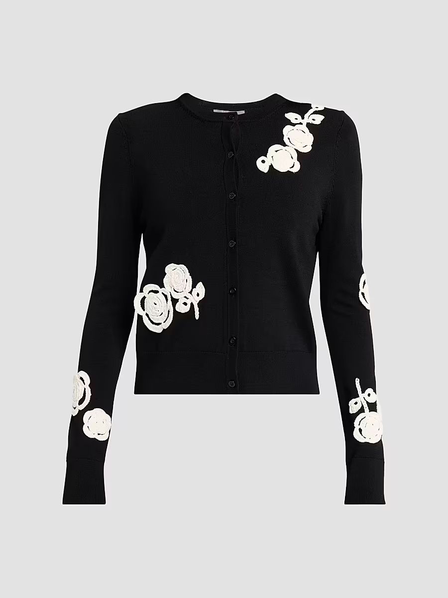 Women's Crochet Appliqué Knit Cardigan - Black - Size XL