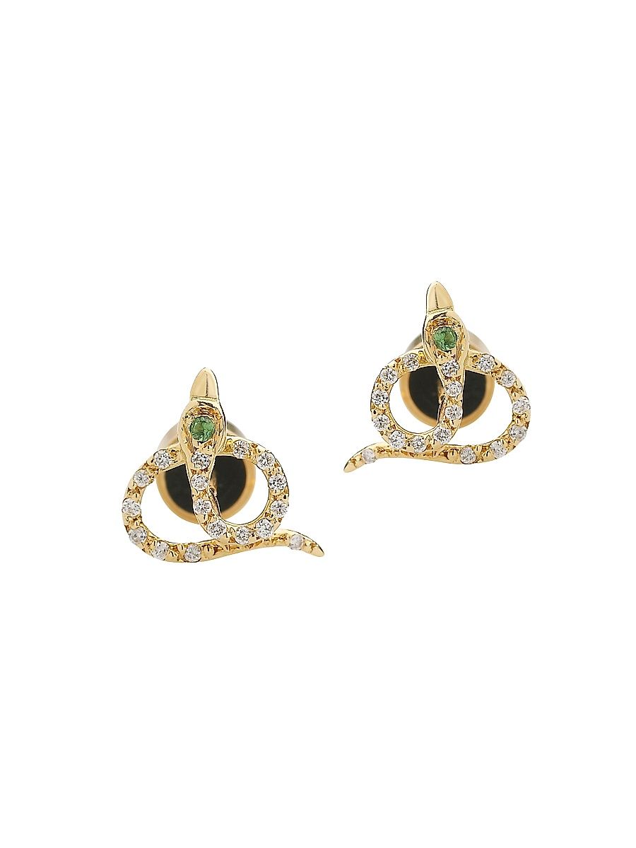 Women's Snake 18K Yellow Gold, White Diamond & Tsavorite Stud Earrings - Yellow Gold