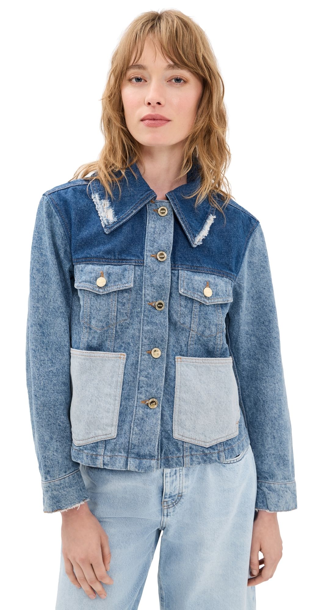 GANNI Patchwork Denim Short Jacket Mid Blue Vintage 42