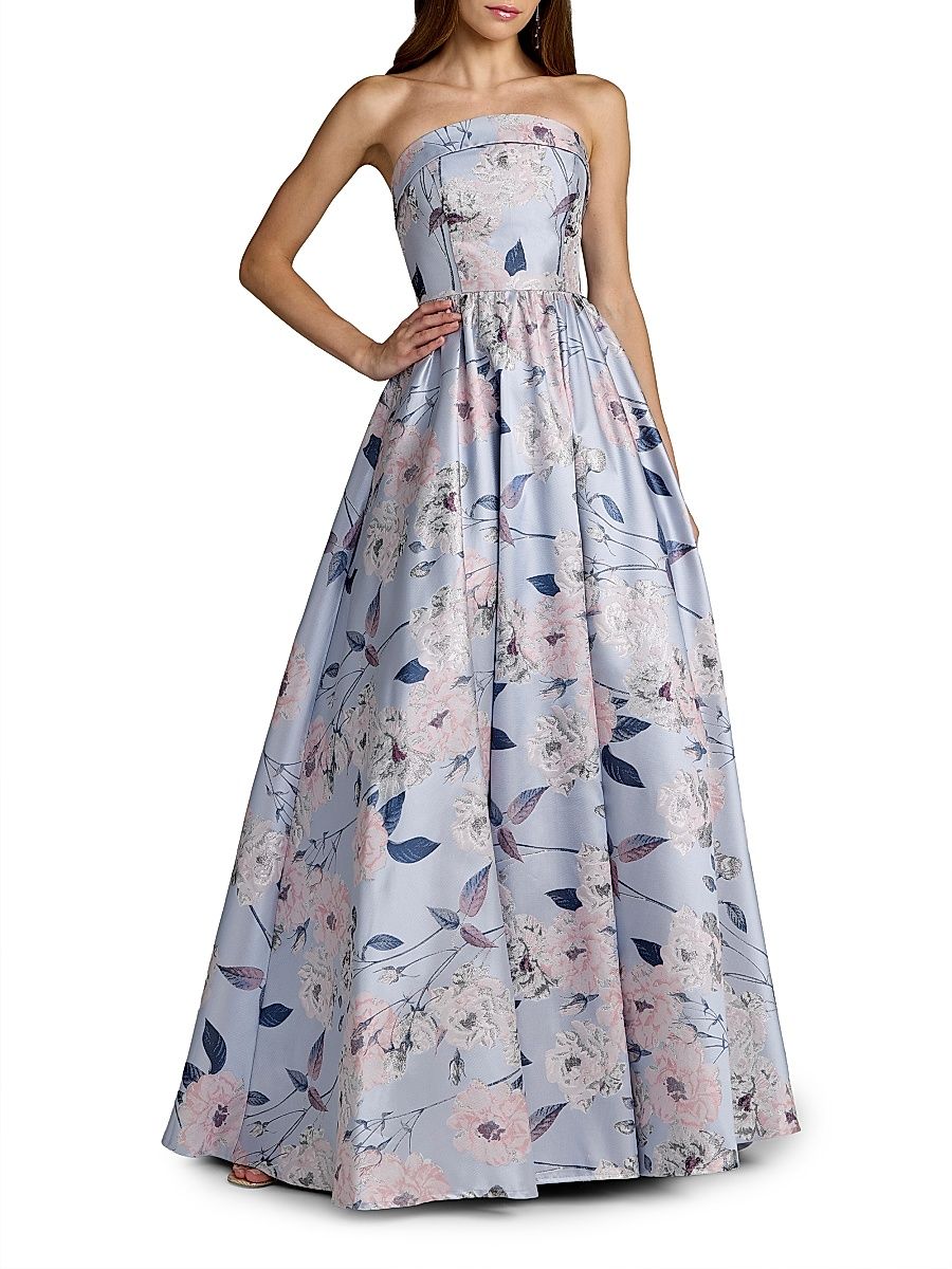 Women's Floral Brocade Strapless Ball Gown - Blue Multi - Size 16