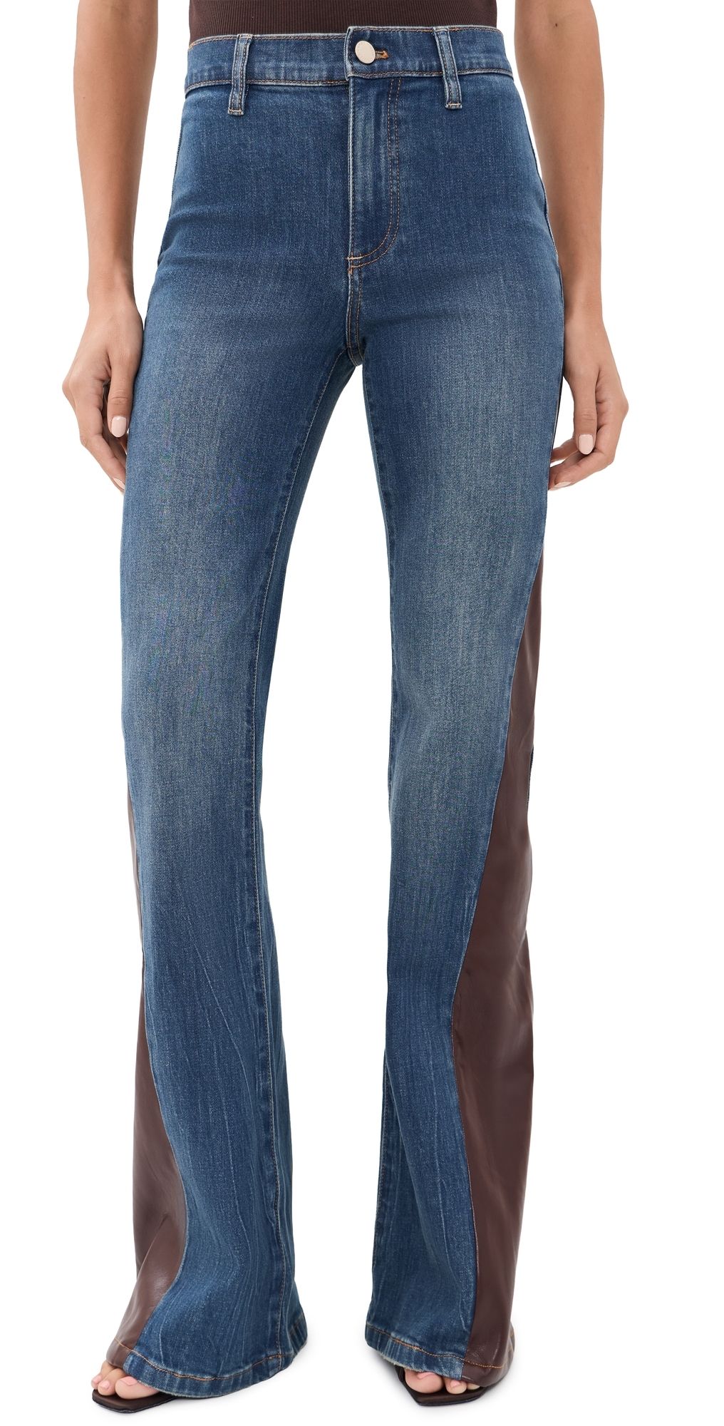 ALICE + OLIVIA Faux Leather Godet Flare Jeans Georgetta Vintage Blue/Dk Choc 28