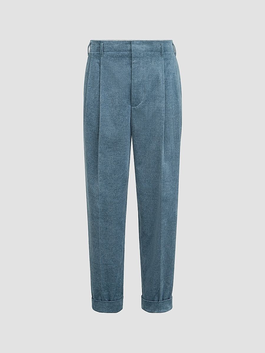 Men's Denim-Effect Cotton Velvet Trousers with Double Pleats - Cerulean - Size 32