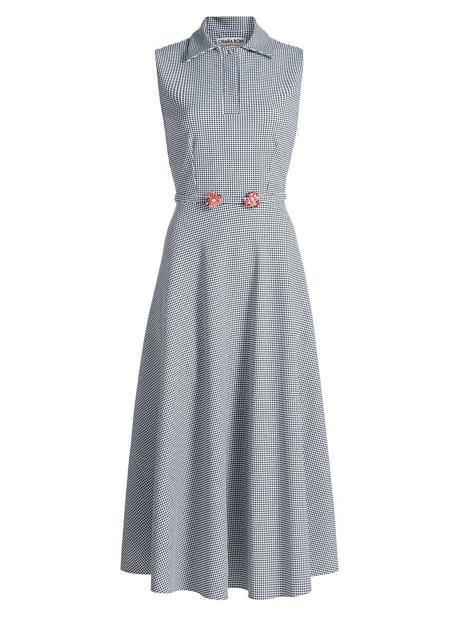 Women's Koha Flower Brooch Checkered Belted Midi-Shirtdress - Blu Notte Gingham - Size 8