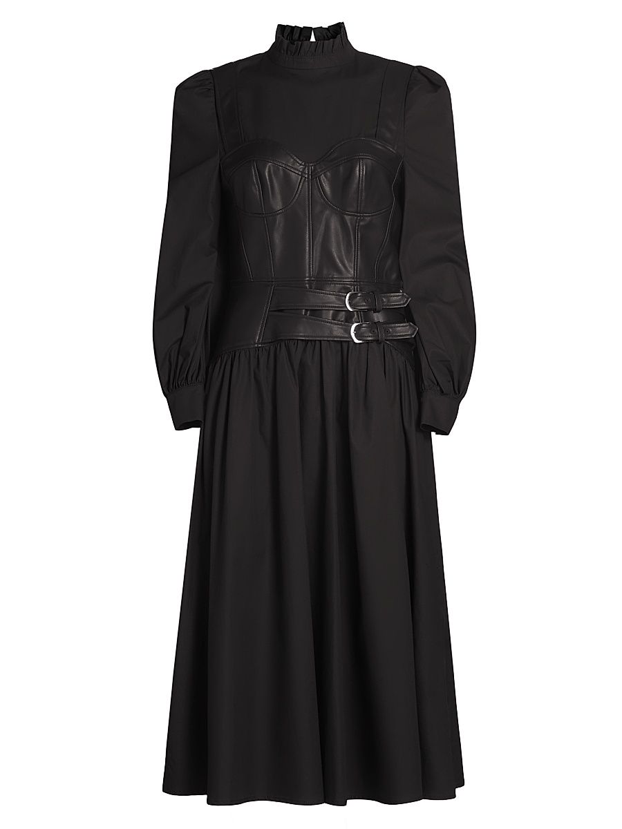 Women's Mix Media Cotton & Faux Leather Midi-Dress - Black - Size 2