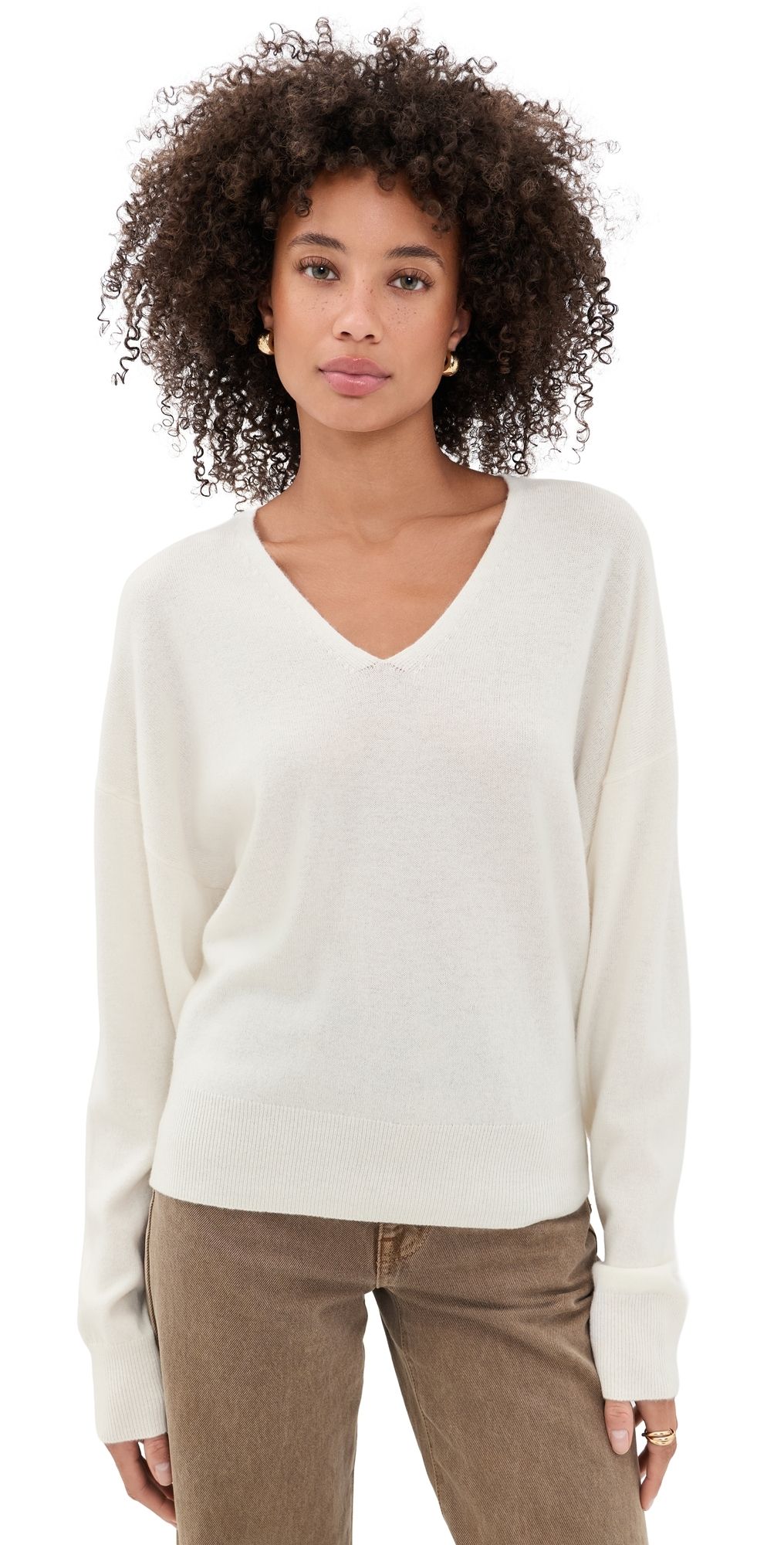 Theory Relaxed V Neck Cashmere Sweater Ivory M