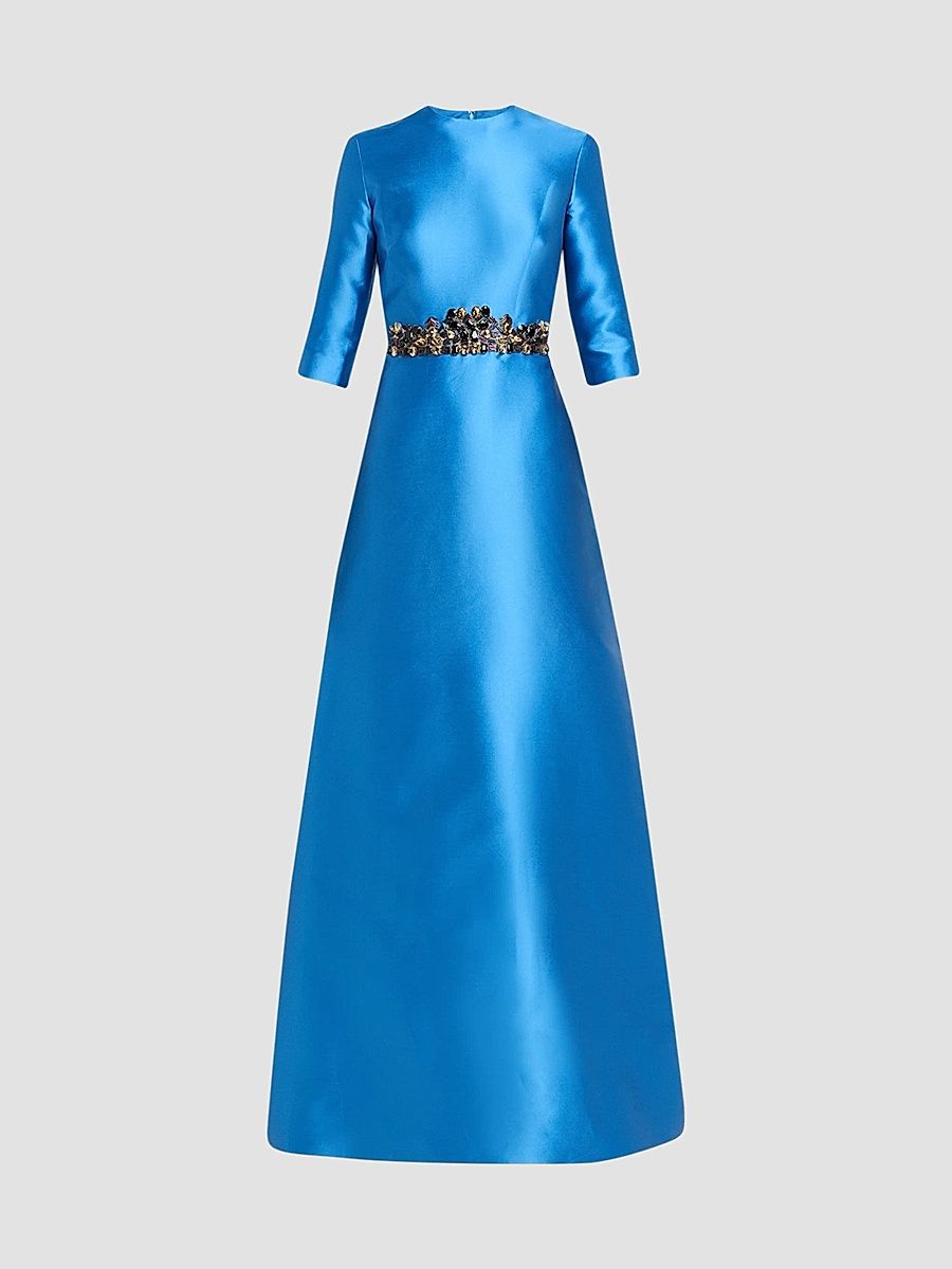 Reem Acra Women's Mikado Embroidered Three-Quarter Sleeve Gown - Bright Blue - Size 6