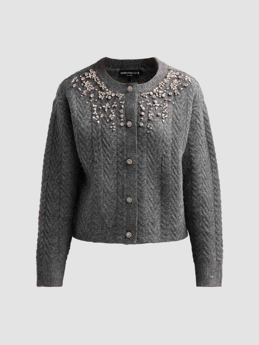 Generation Love Women's Glenda Crystal Cable Cardigan - Heather Charcoal - Size XL