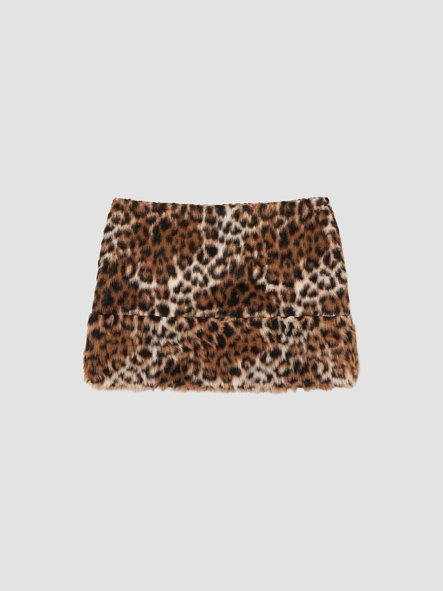 Women's Faux Fur Leopard Mini Skirt - Brown Multi - Size 10