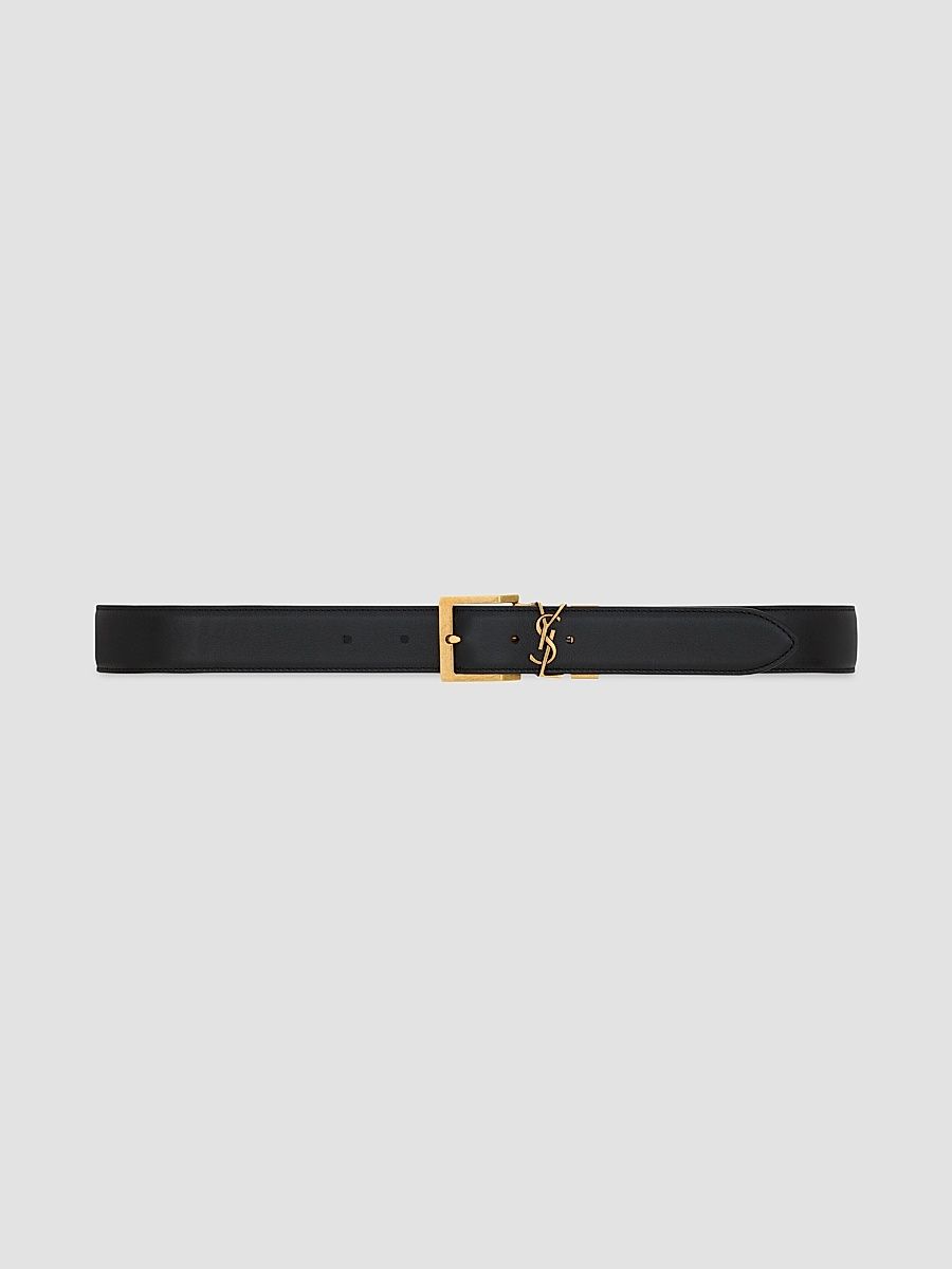 Saint Laurent Men's Cassandre Vadim Reversible Belt in Smooth Leather - Black Dark Wet Clay - Size 44
