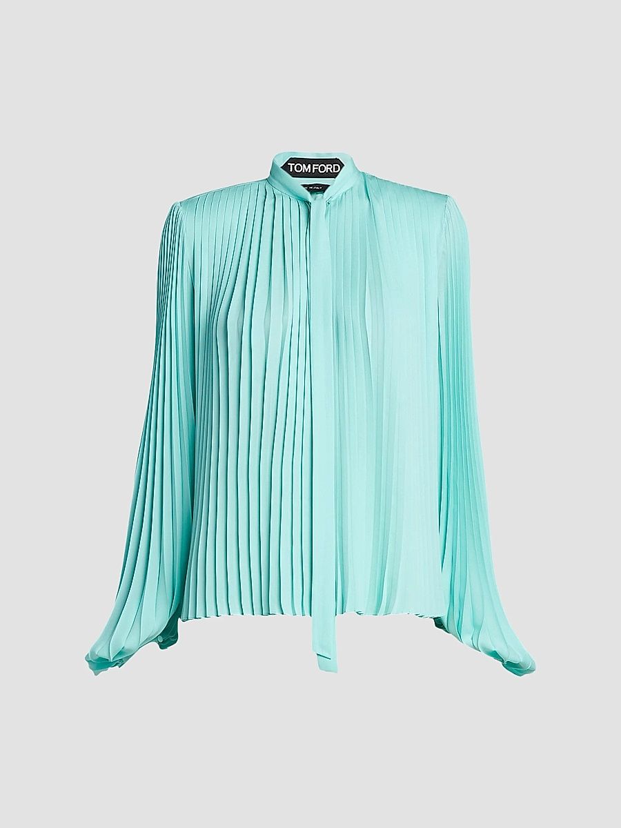 Women's Pleated Pussybow Blouse - Aqua - Size 10
