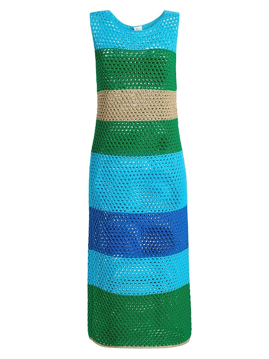 Women's Open Stitch Striped Cover-Up Midi-Dress - Blue Green Multi - Size XS