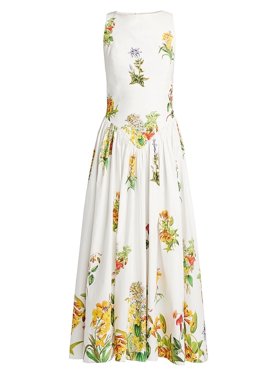 Women's Botanical Print Stretch-Cotton Midi-Dress - White - Size XL