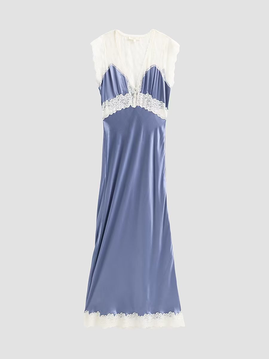 Women's Vella Lace-Trim Silk Maxi Dress - Weathered Blue - Size XS