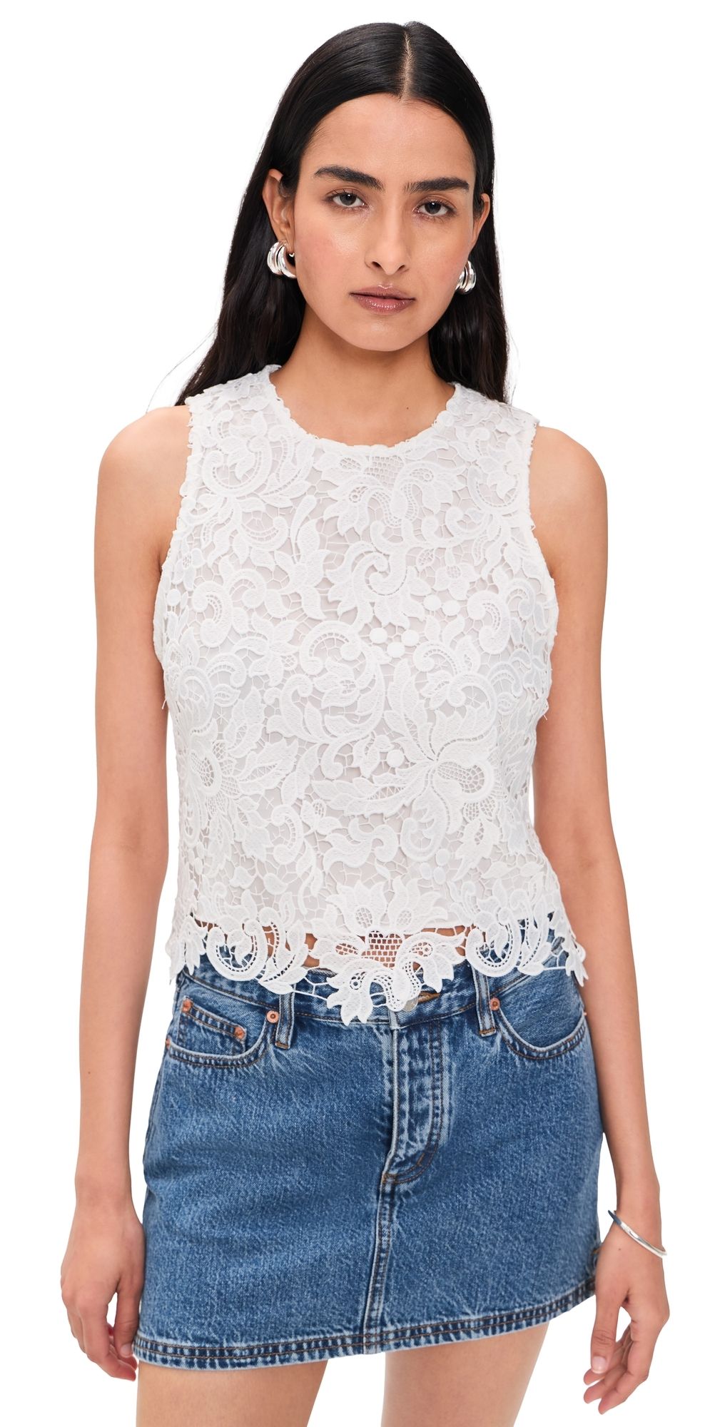 ALICE + OLIVIA Amal Lace Tank Off White S
