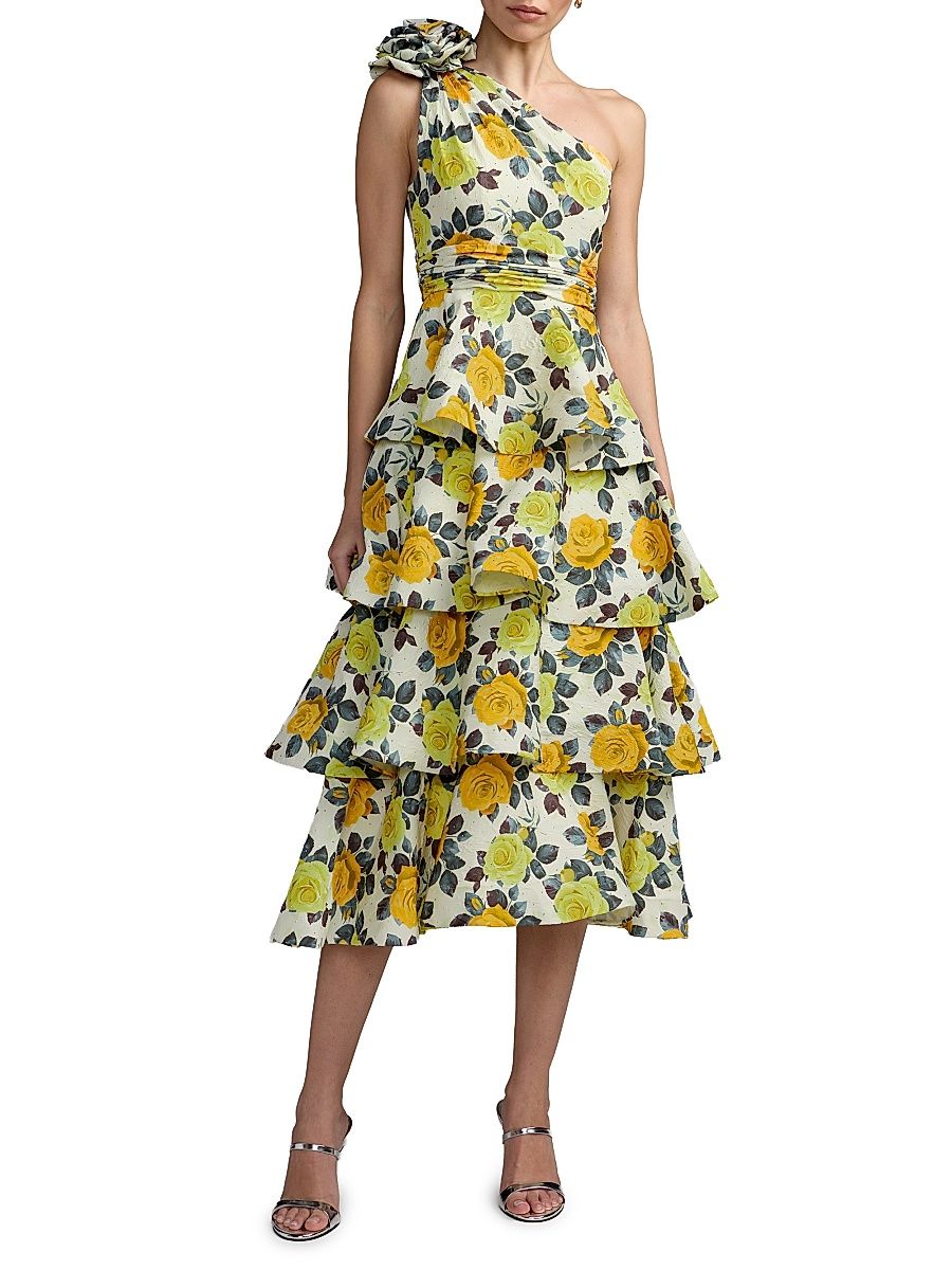 Women's Tiered Floral Charmeuse One-Shoulder Midi-Dress - Yellow Rose - Size 12
