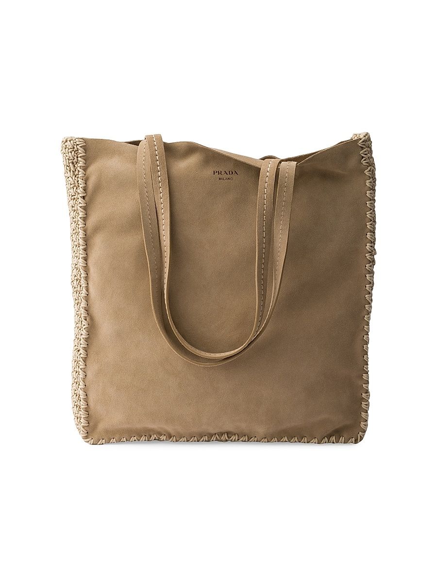 Women's Large Suede and Crochet Tote Bag - Beige Khaki