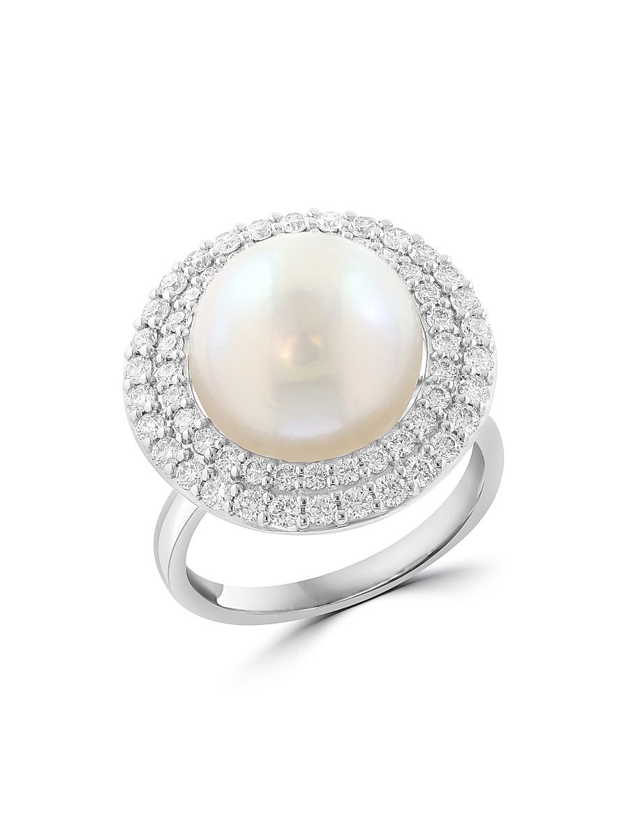 Women's 14K White Gold, Freshwater Pearl & 0.86 TCW Diamond Halo Ring - White Gold - Size 7