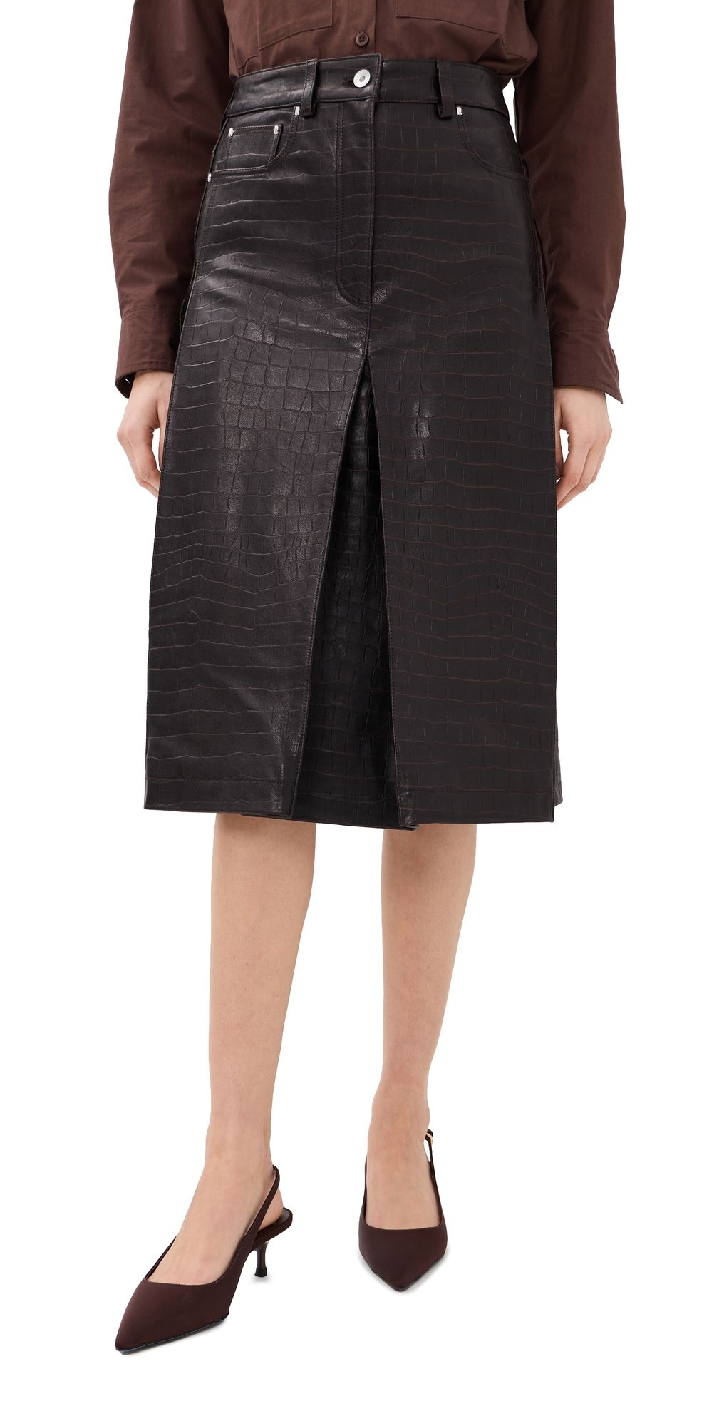 rabanne Lamb Leather Croc Embossed Skirt Dark Brown 40