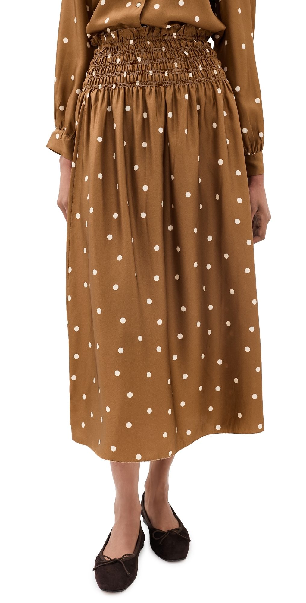 THE GREAT. The Canary Silk Skirt Copper Bubble Dot 3