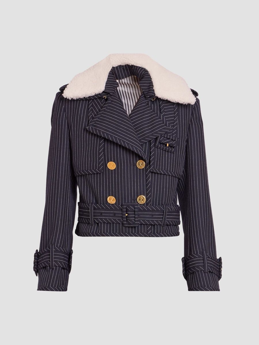 Thom Browne Women's Striped Virgin Wool-Shearling Trench Jacket - Navy - Size 4