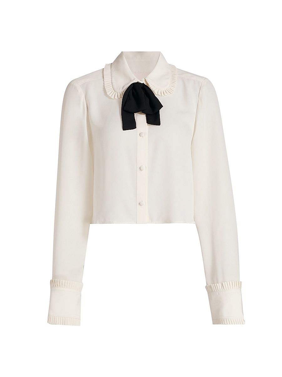 Women's Zaida Pleated Ruffle Crop Blouse - Ivory Black - Size Medium