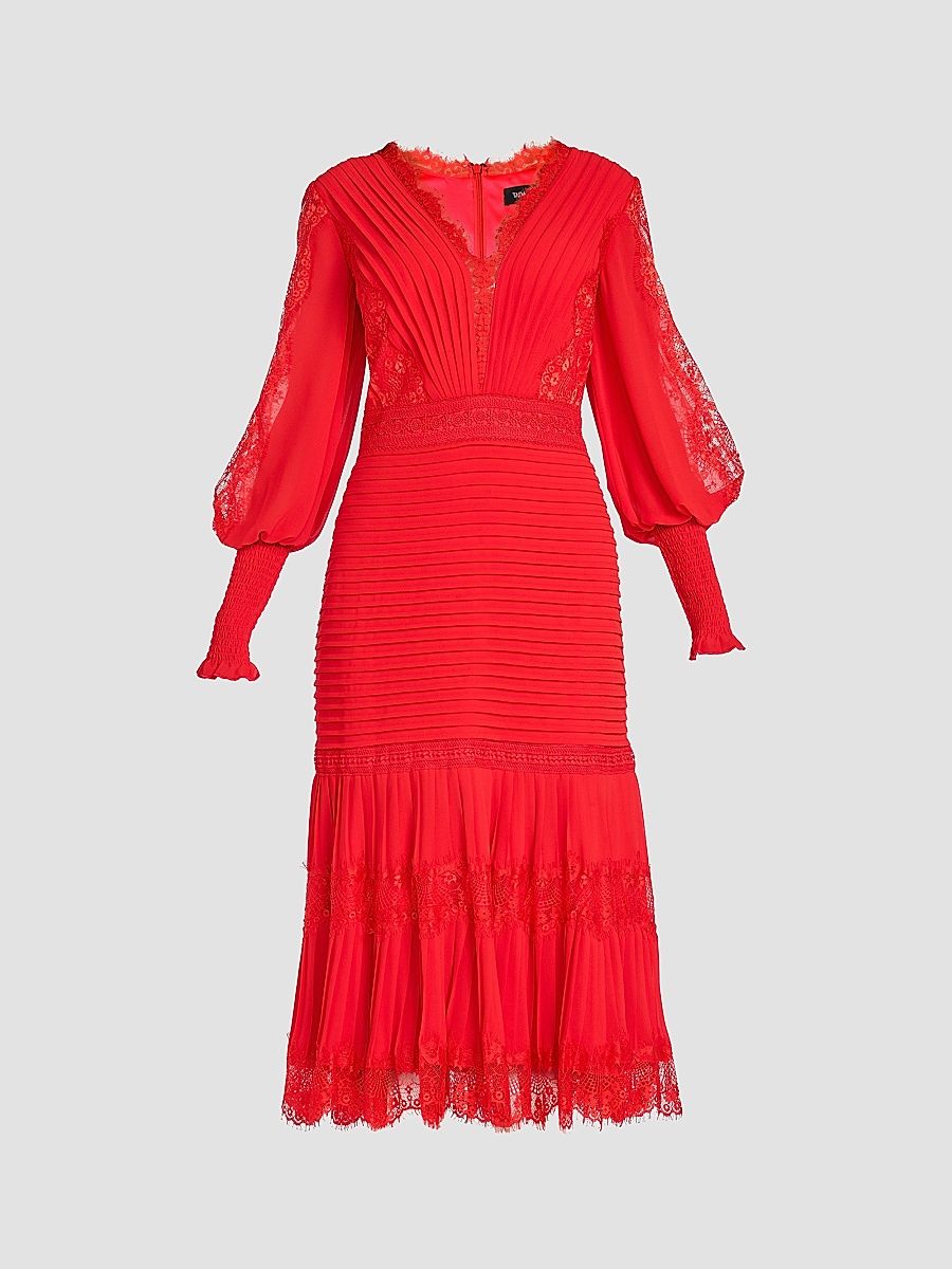 Tadashi Shoji Women's Lace Balloon-Sleeve Midi-Dress - Cherry - Size 16