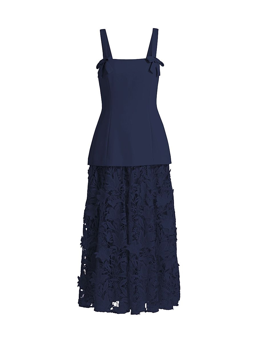 Women's Mixed-Media Lace Midi-Dress - Navy - Size 4