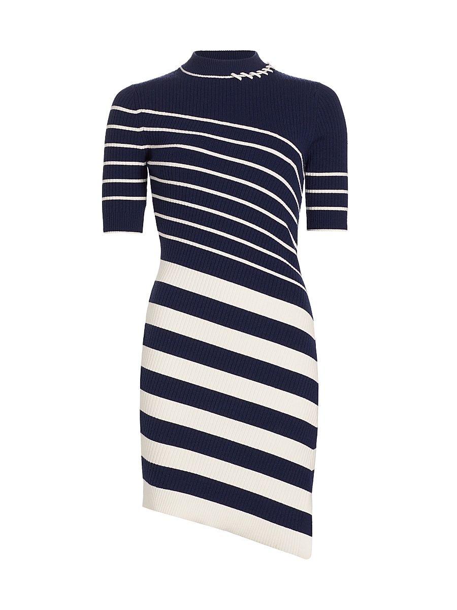 Women's Noah Asymmetric Stripe Ribbed Wool Minidress - Midnight Stripe - Size Medium