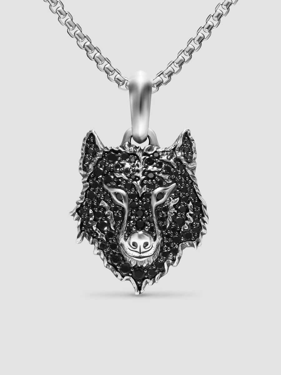 David Yurman Men's Petrvs Wolf Amulet in Sterling Silver - Black Diamond