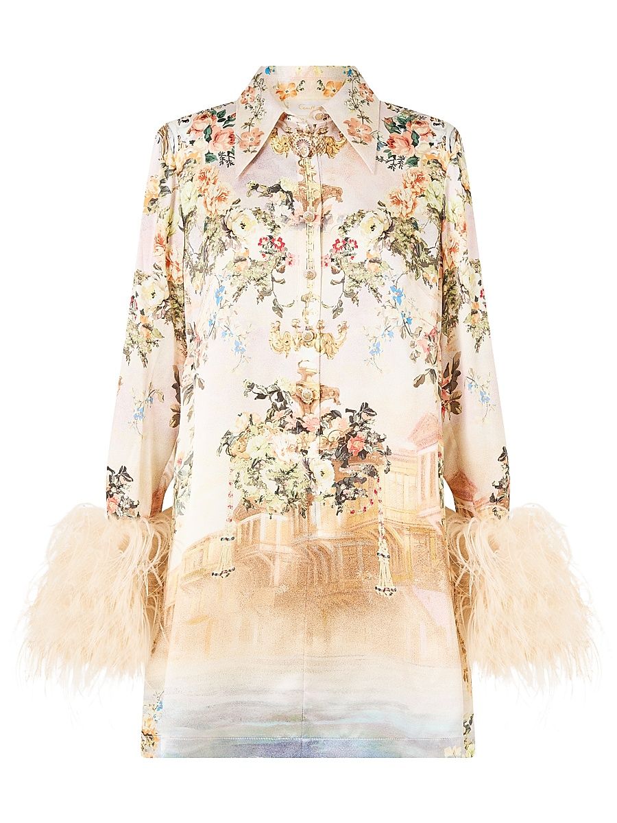 Women's Feather-Trim Twilight In Istanbul Silk Mini-Shirtdress - Twilight In Istanbul - Size Medium