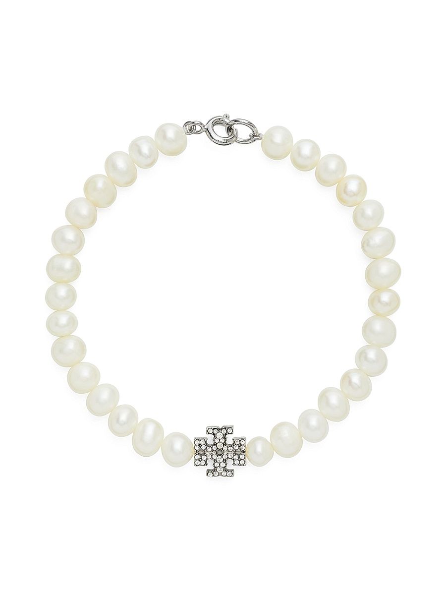 Women's Kira Silvertone, Cultured Pearl & Glass Crystal Logo Bracelet - Tory Silver Crystal Pearl