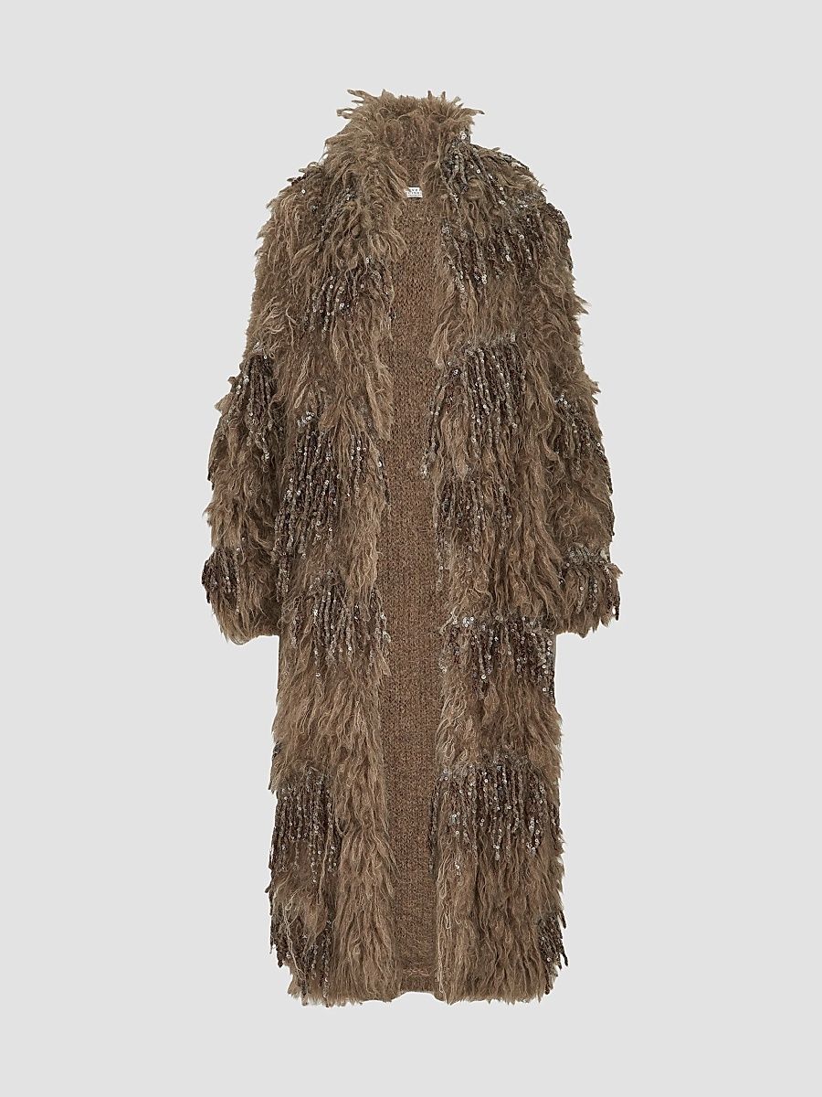 Brunello Cucinelli Women's Dazzling Moss Embroidery Long Cardigan in Mohair and Wool - Light Brown - Size Medium