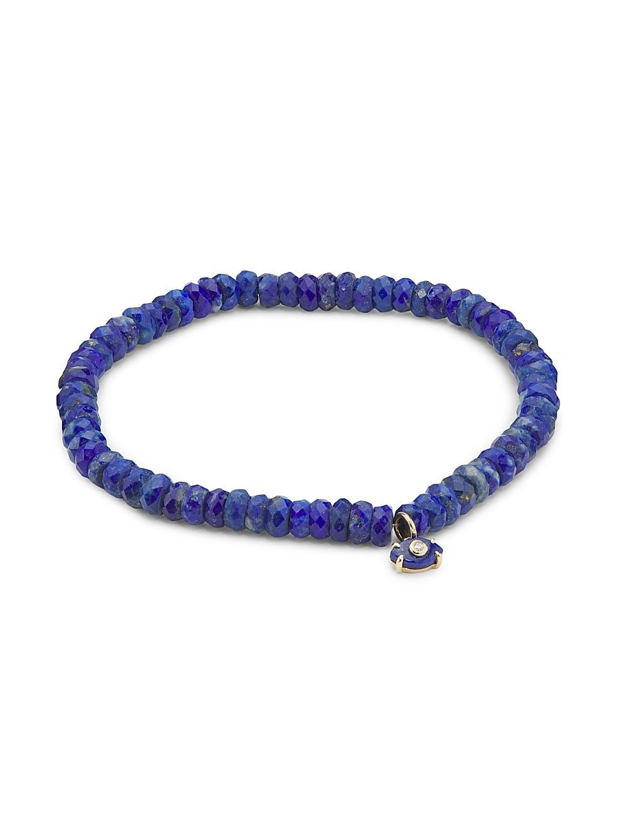 Women's 14K Yellow Gold, Lapis Lazuli & 0.01 TCW Diamond Evil Eye Beaded Stretch Bracelet - Lapis