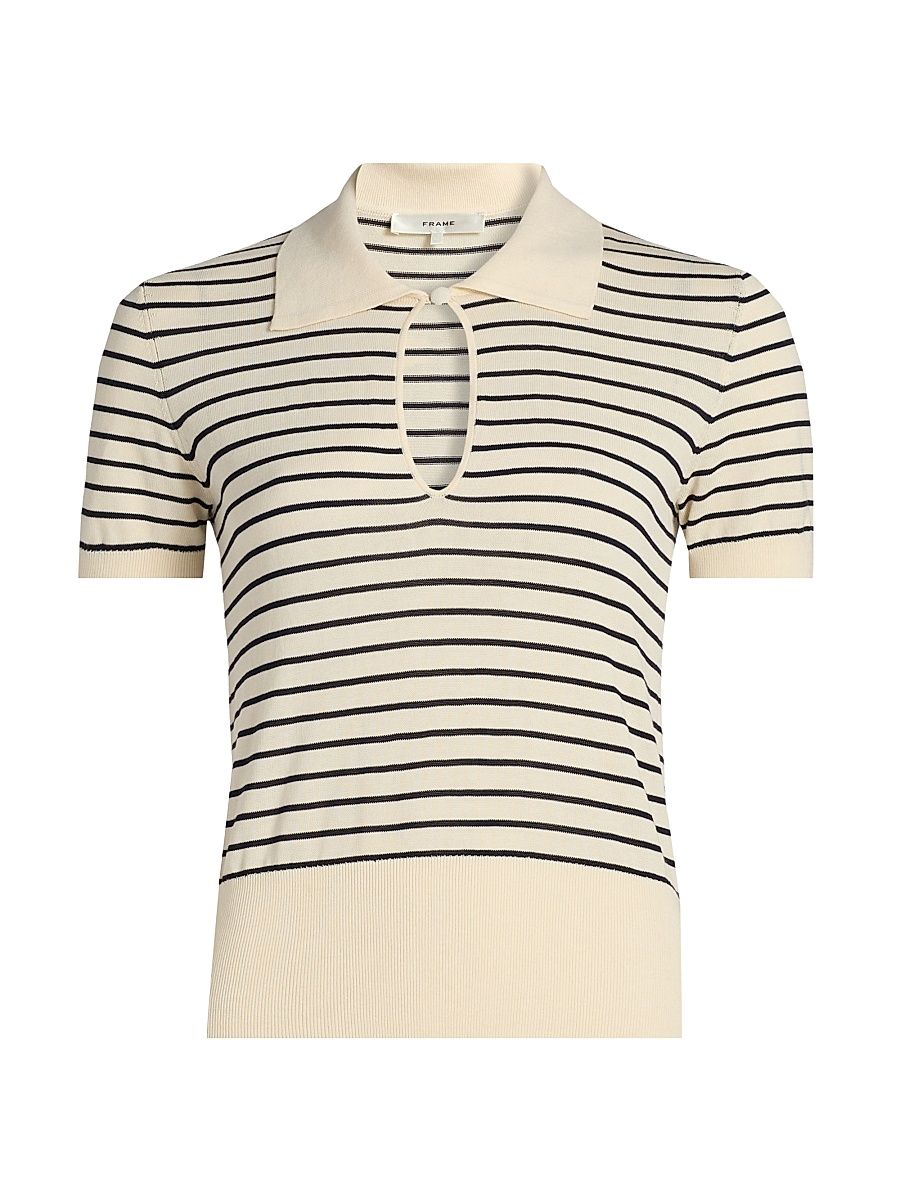 Women's The Keyhole Striped Cotton-Blend Polo Shirt - Cream Multi - Size XL