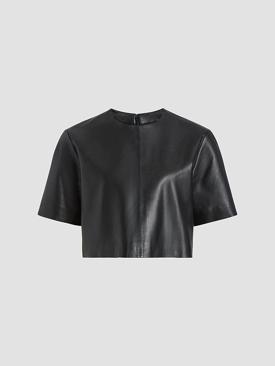 Derek Lam 10 Crosby Women's Billie Paper Leather Short Sleeve Crop Top - Black - Size XL