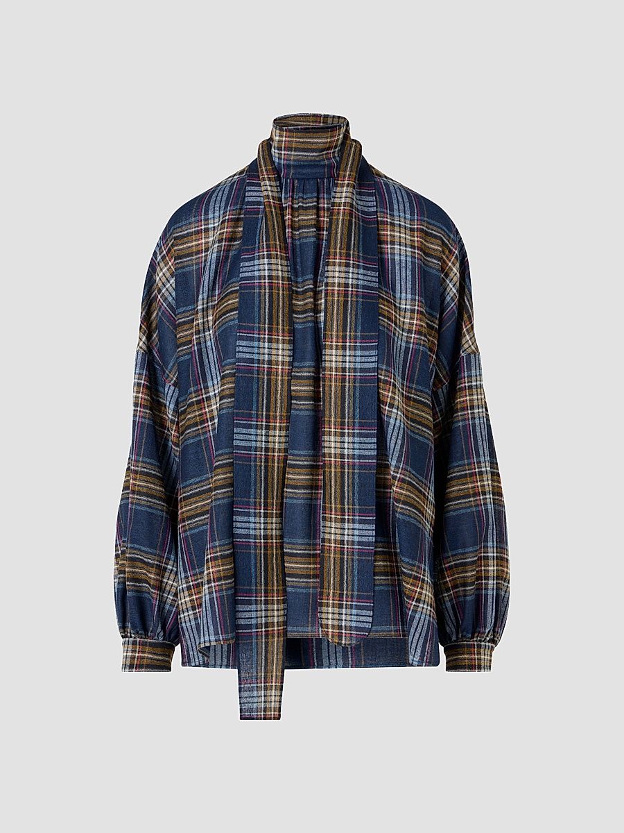 Women's Checked Wool-Blend Blouse - Navy Multicolor - Size 6