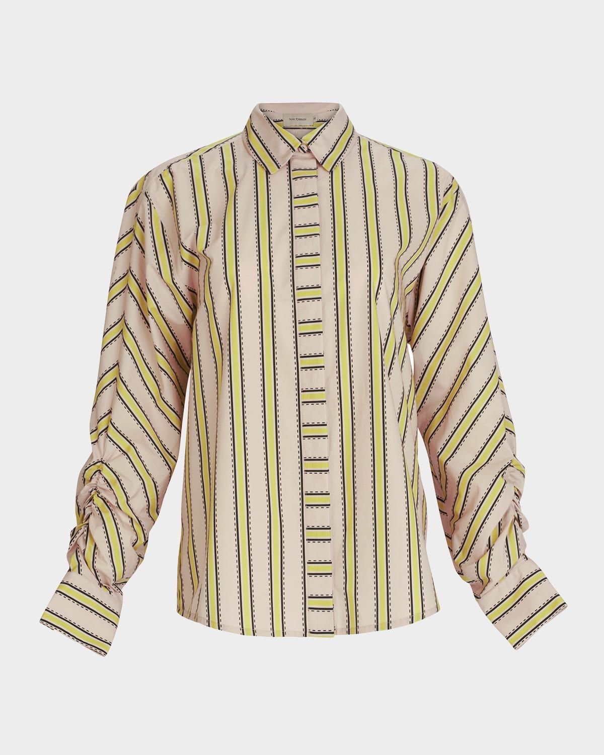 Caritina Striped Ruched-Sleeve Button-Down Blouse
