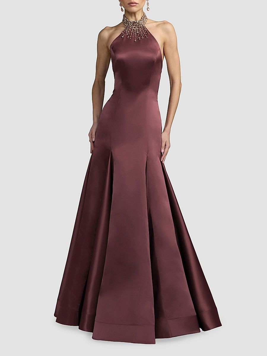Women's Beaded Satin Sleeveless Godet Gown - Deep Plum - Size 2