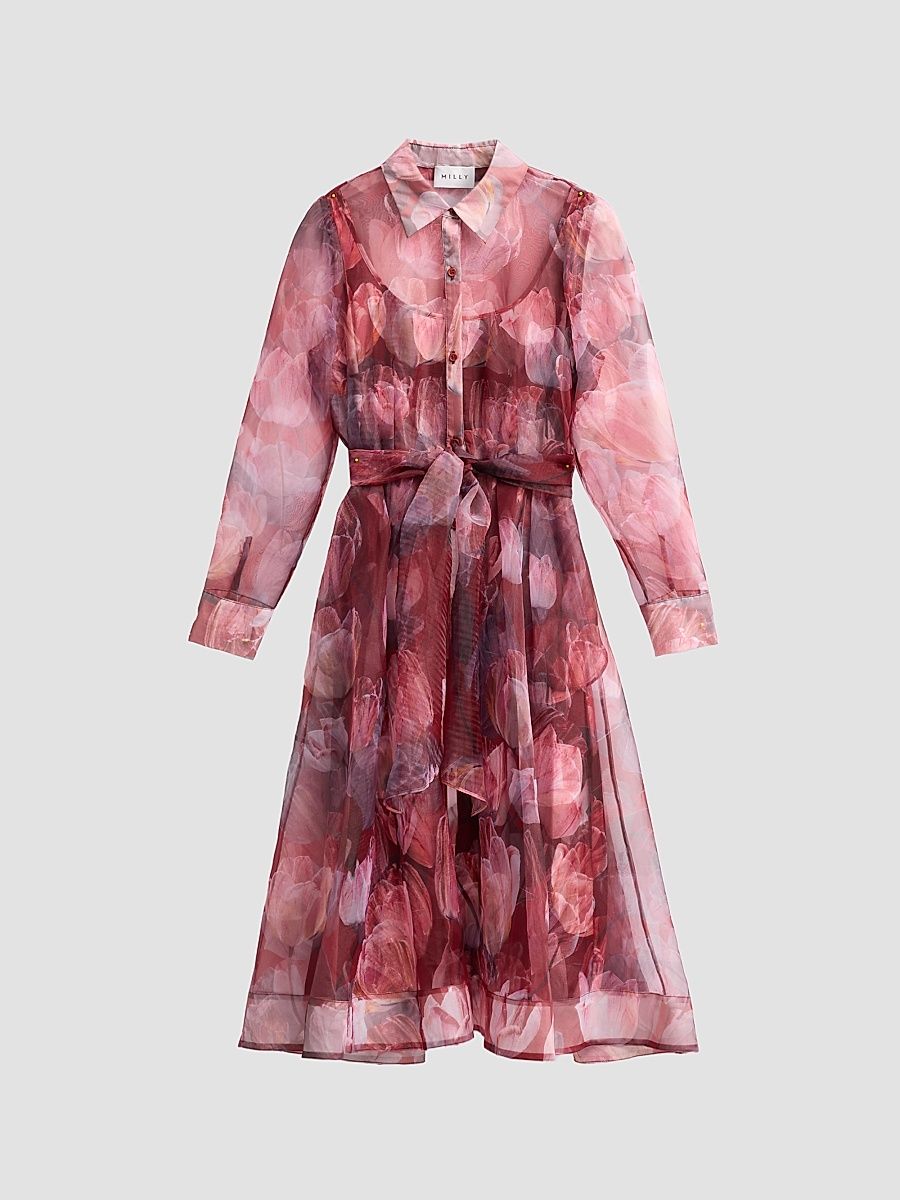 Women's Suzie Floral Semi-Sheer Midi Shirtdress - Red Multi - Size 12