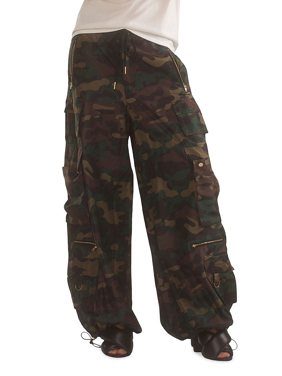 Women's Camouflage Wide-Leg Nylon Cargo Pants - Green Camo - Size Small