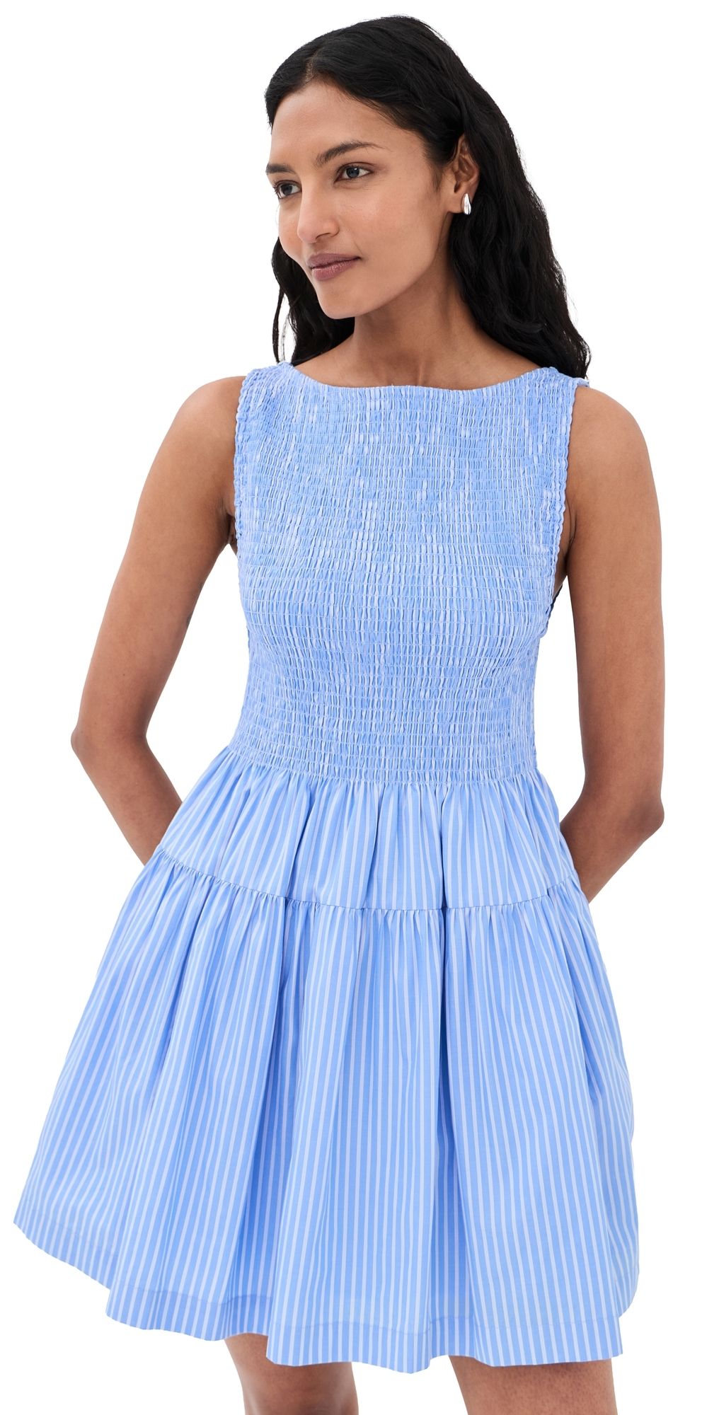 Hill House Home The Cosima Smocked Mini Dress Blue Stripe XS