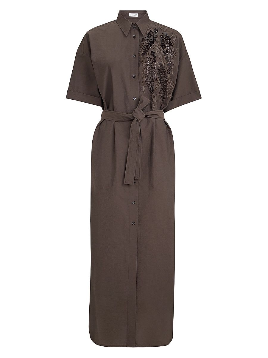 Women's Techno Cotton Poplin Dress with Dazzling Seabed Embroidery - Brown - Size XL