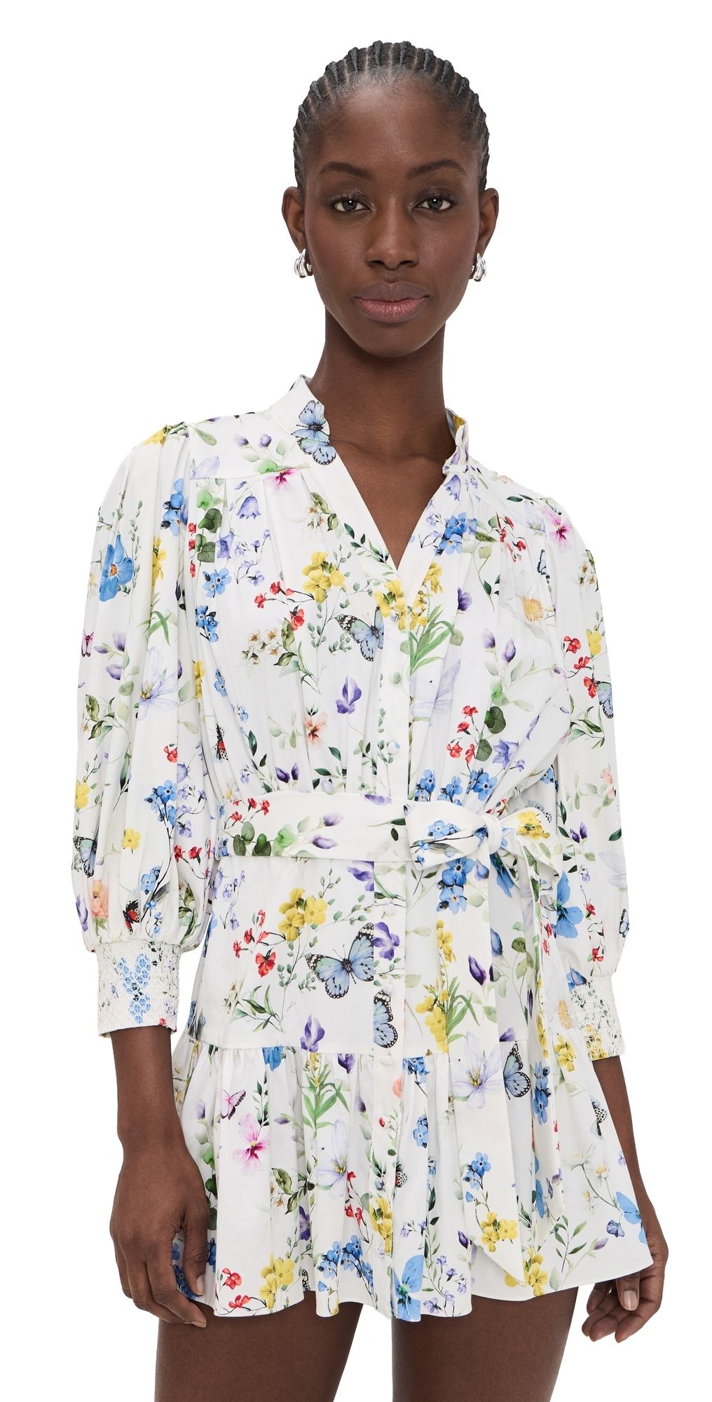 ALICE + OLIVIA Cora Tiered Mini Shirt Dress TWISTING VINES OFF WHITE XS