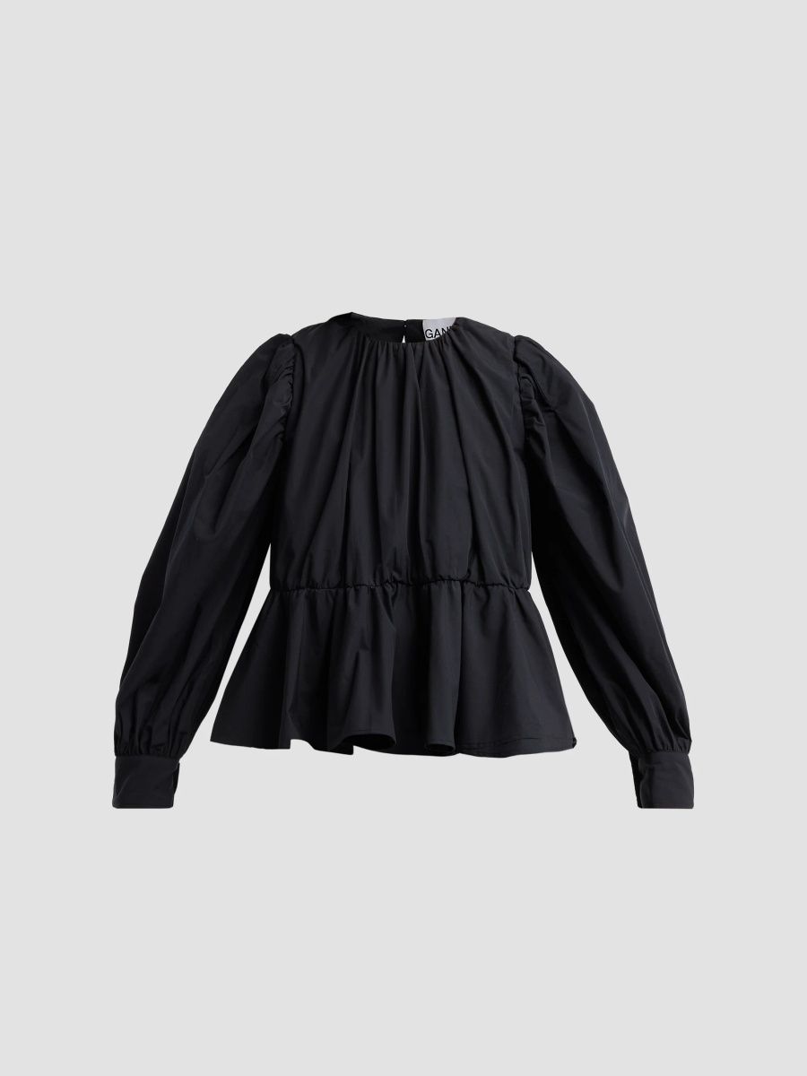 Ganni Women's Compact Poplin Gathered Peplum Blouse - Black - Size 14
