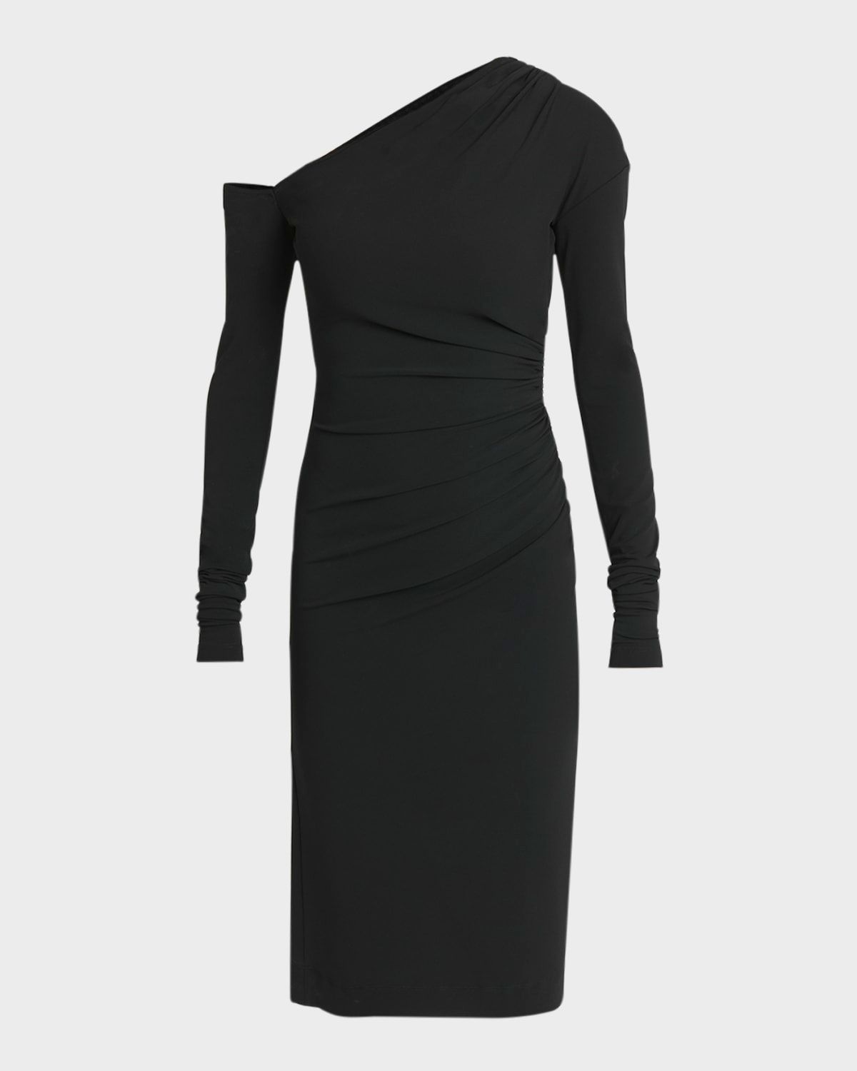 One-Shoulder Long-Sleeve Gathered Organza Midi Dress