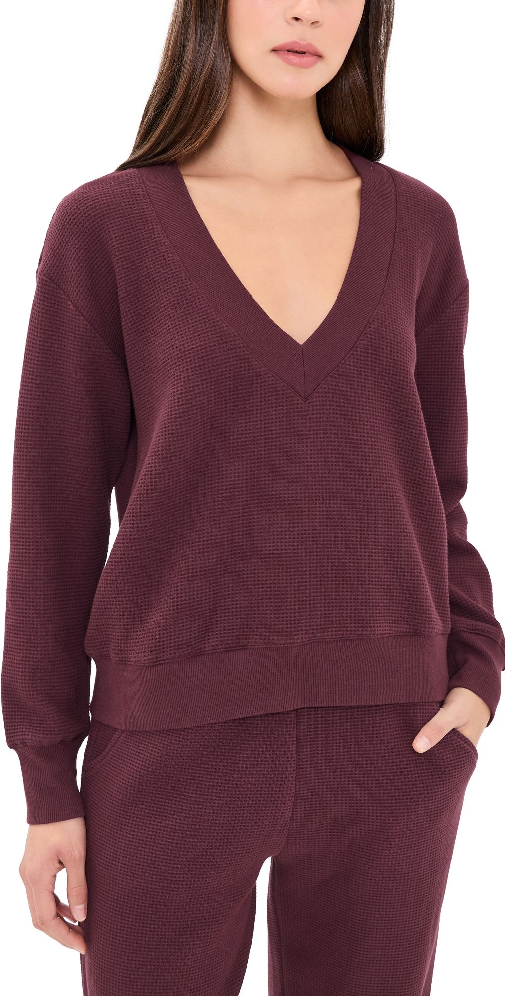 Negative Waffle Knit Deep V Pullover Garnet XXL
