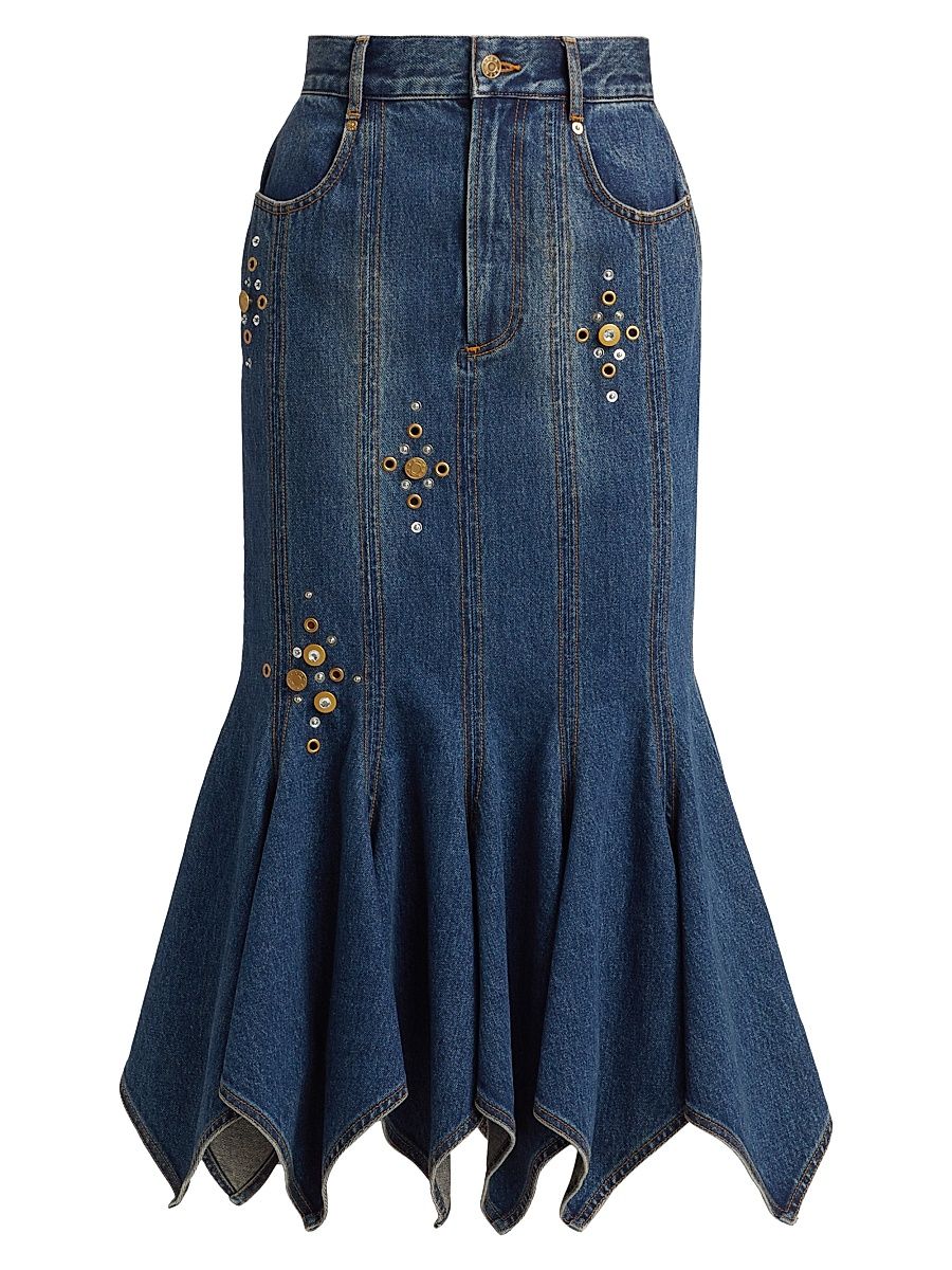 Women's Embellished Denim Handkerchief-Hem Trumpet Midi-Skirt - Dark Blue Wash - Size 26