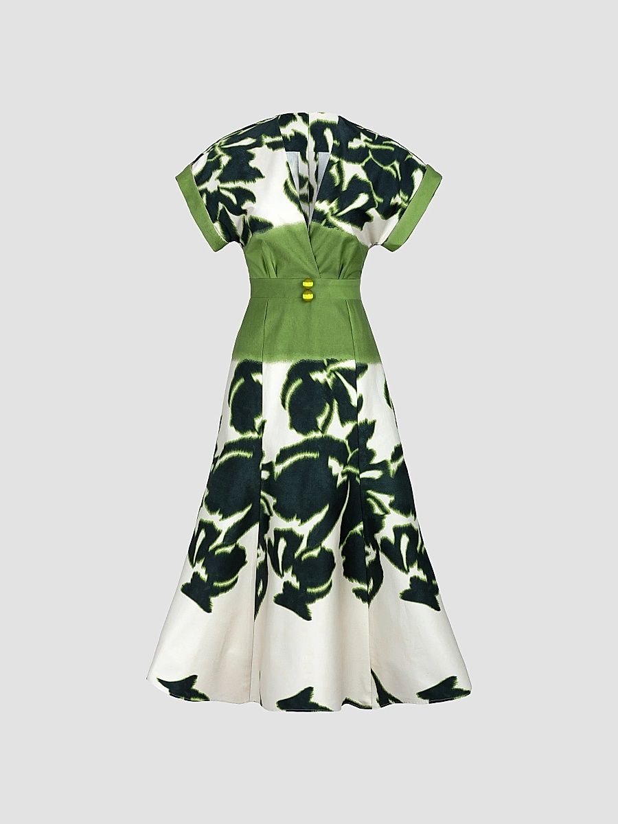 Silvia Tcherassi Women's Maida Floral Stretch-Cotton Midi Dress - Green Floral Print - Size XS