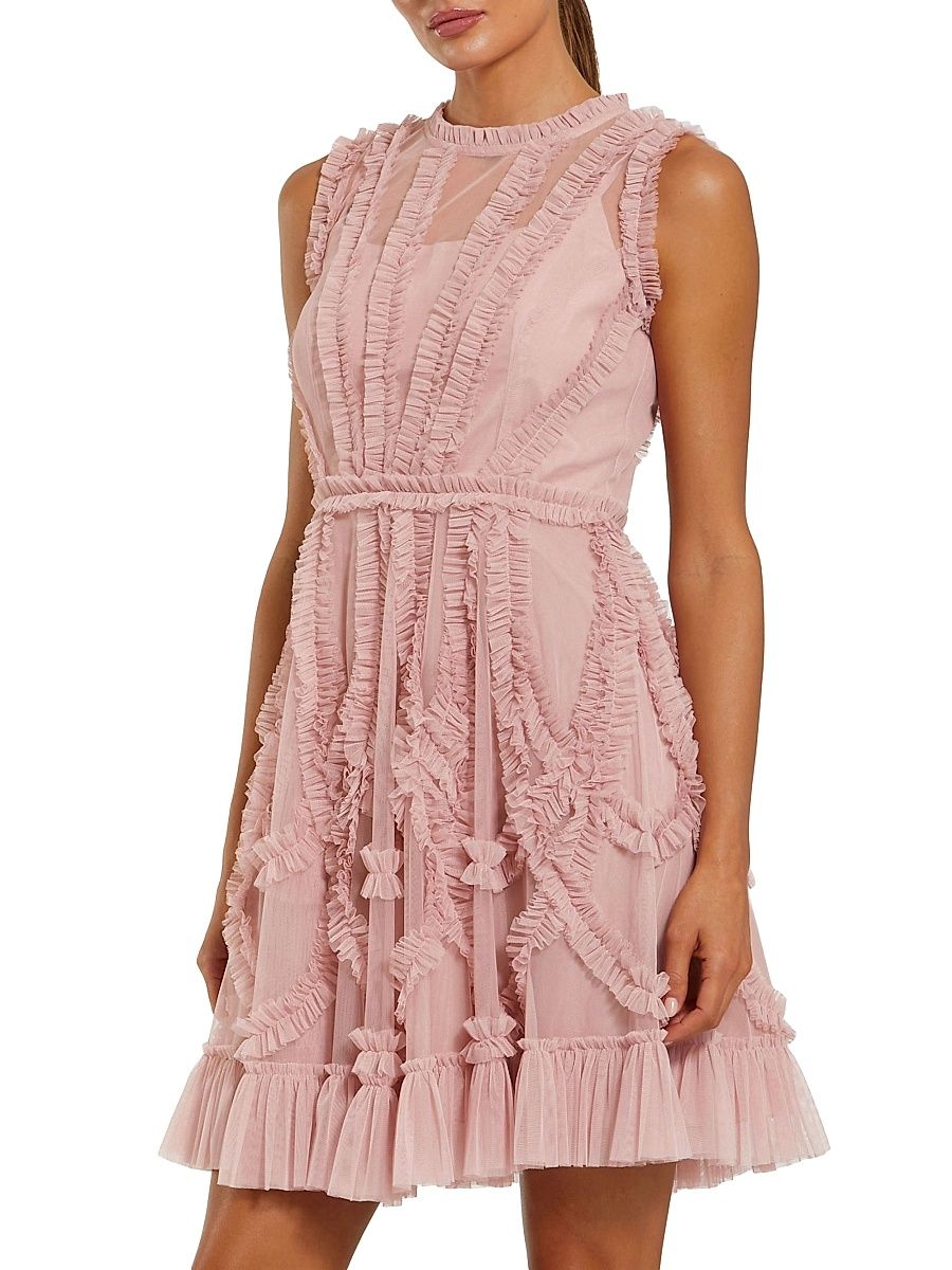 Women's Mesh Dotted Micro Ruffled Minidress - Rose - Size 14